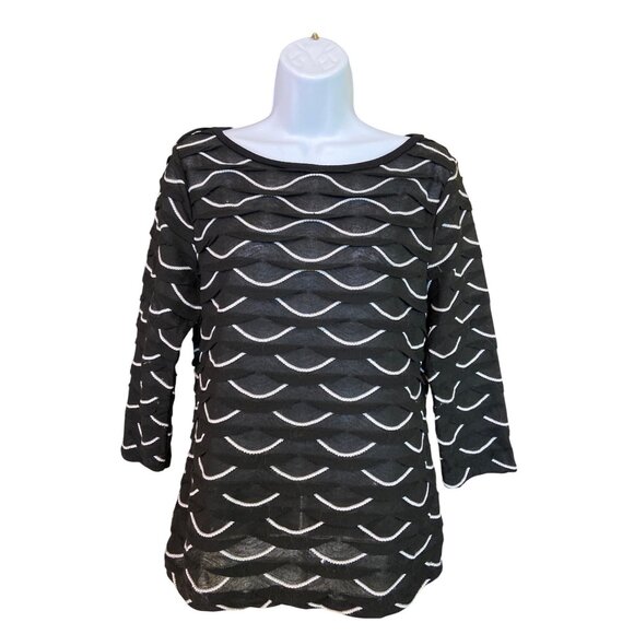 Investments Black Sheer Wavy Stripe Blouse M Mesh Artsy Retro Chic USA - Picture 1 of 7